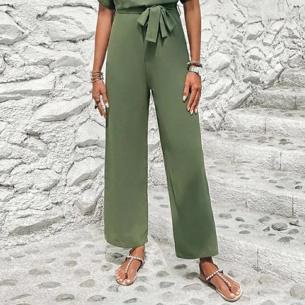 Army Green Preppy Womens Solid Batwing Sleeve Belted Jumpsuit - Picture 4 of 4
